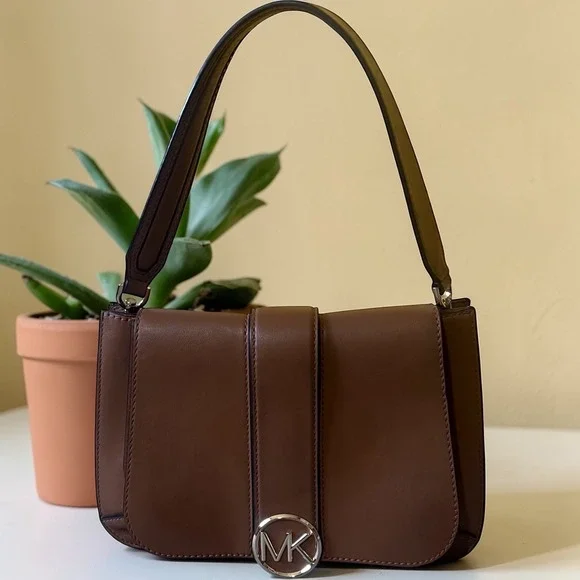 Michael Kors Shoulder Bag Womens Small Luggage Brown Excellent MK Logo Leather - Picture 3 of 14